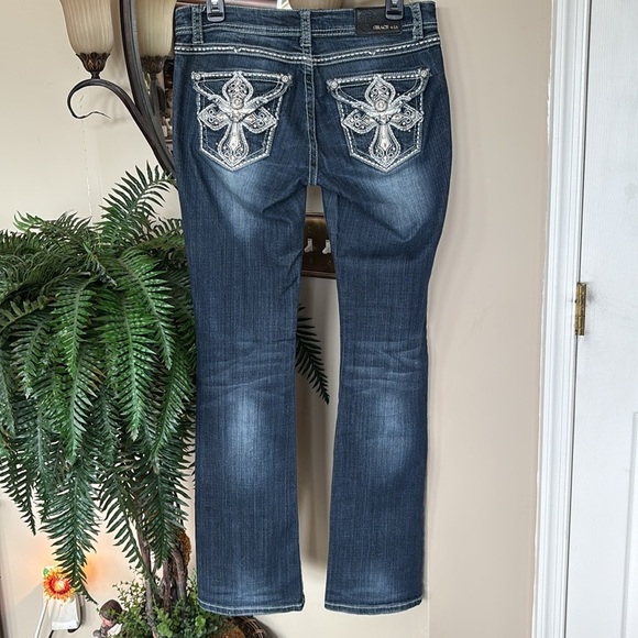 Grace in LA Jeans Low Rise Y2K Embroidered Beaded Cross Detail Boot Cut Denim - Picture 1 of 16